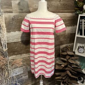 Maison Jules hot pink and white striped off-shoulder sack dress - M